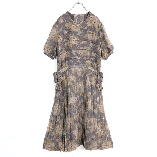 カネコイサオ★花柄シフォンのプリーツワンピース 薄紫系 薄手 z22397
