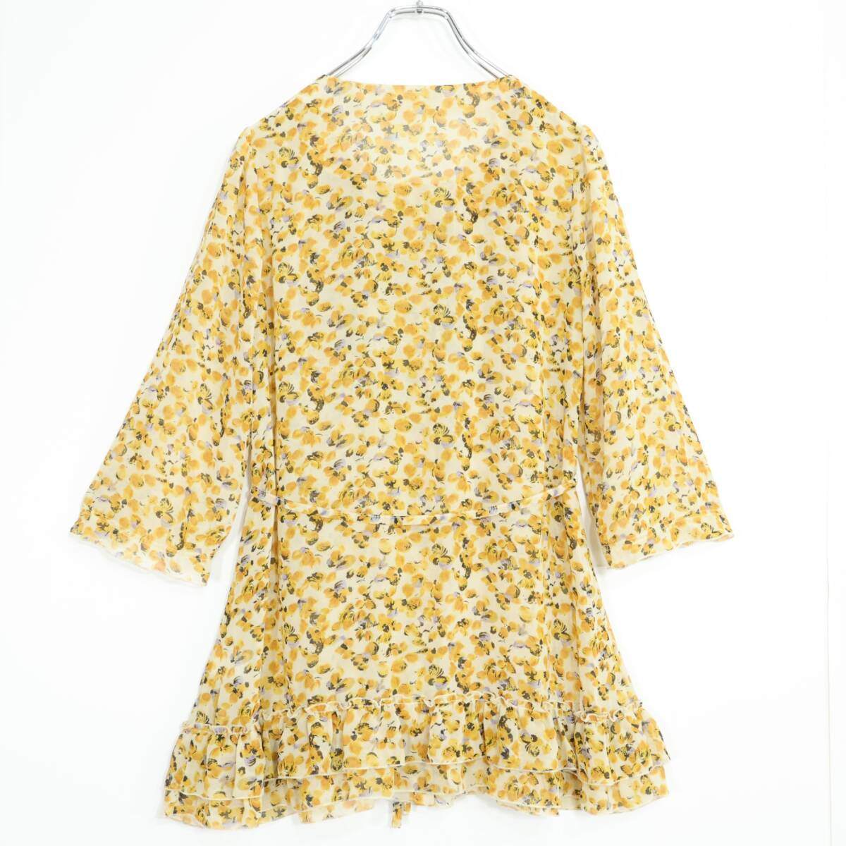 【美品】ギャラリービスコンティ★透け感ふんわり♪シフォンのチュニックブラウス サイズ2 黄色系 前開き 花柄  ＊z21190
