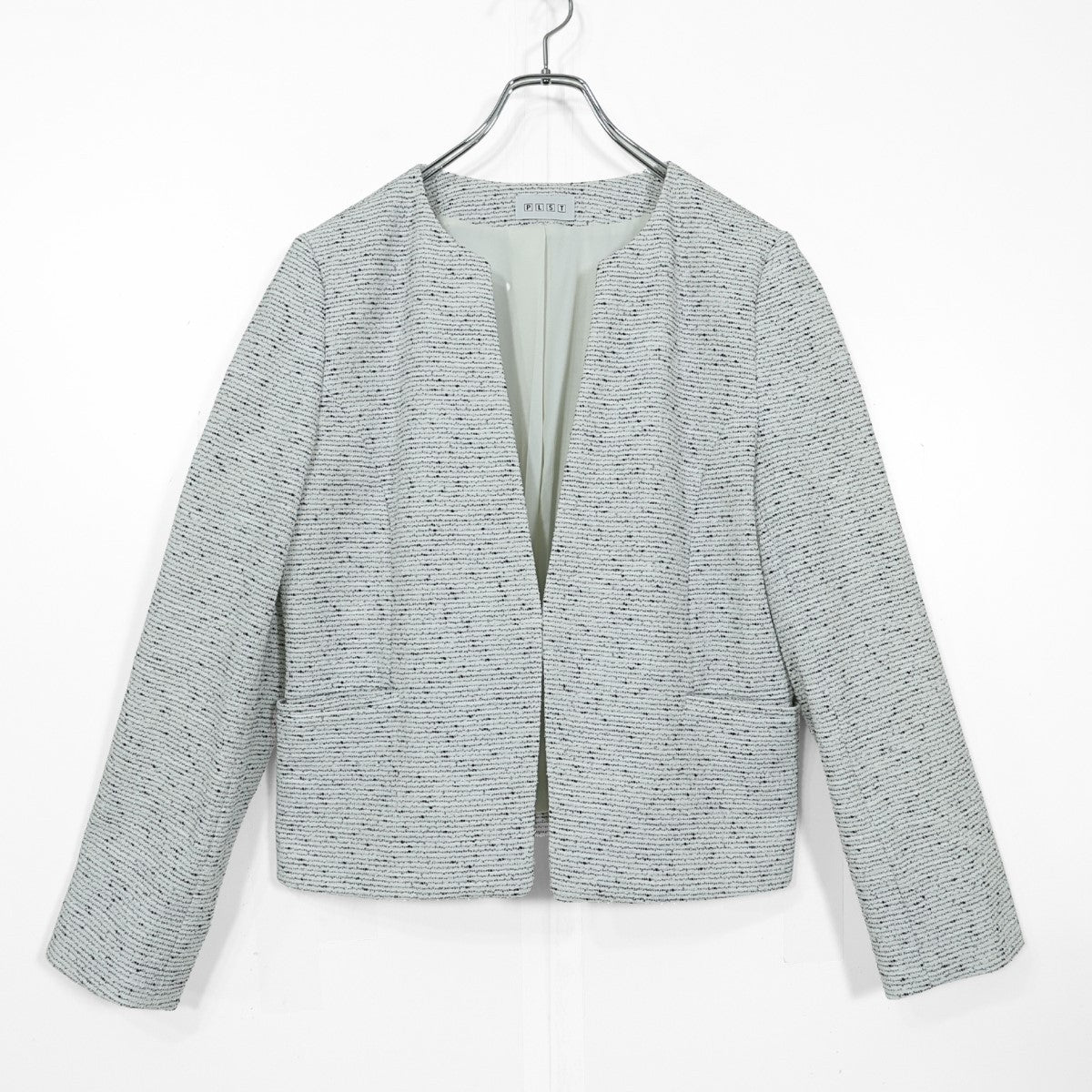 【極美品】PLST プラステ★上品♪ノーカラージャケット ツイード 大きいサイズXXL 白系 z22733