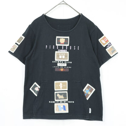 ベビーピンクハウス★ワッペンいっぱい♪半袖Tシャツ 前ポケット キューピー ぬいぐるみクマ ウサギ パフェ サイズL 黒系 z21892