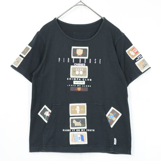 ベビーピンクハウス★ワッペンいっぱい♪半袖Tシャツ 前ポケット キューピー ぬいぐるみクマ ウサギ パフェ サイズL 黒系 z21892