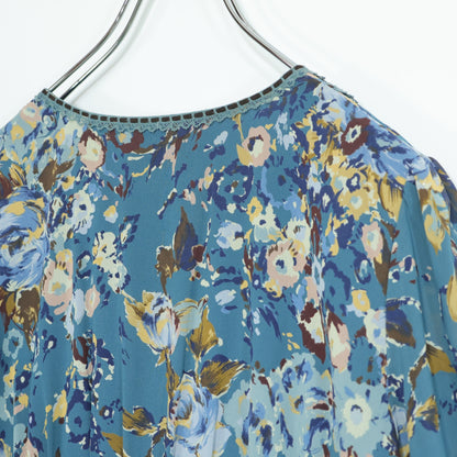 インゲボルグ★はしごレース&ベロアリボン♪花柄シフォンワンピース サイズ9 青緑系 薄手 z22247