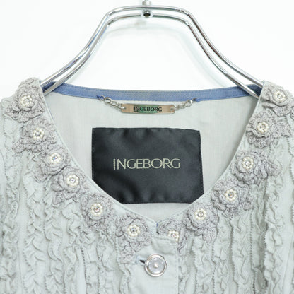 インゲボルグ INGEBORG★キラキラ☆ラインストーンジャケット お花モチーフ レース袖 パールビーズ 前開き サイズ9 グレー系 z22260