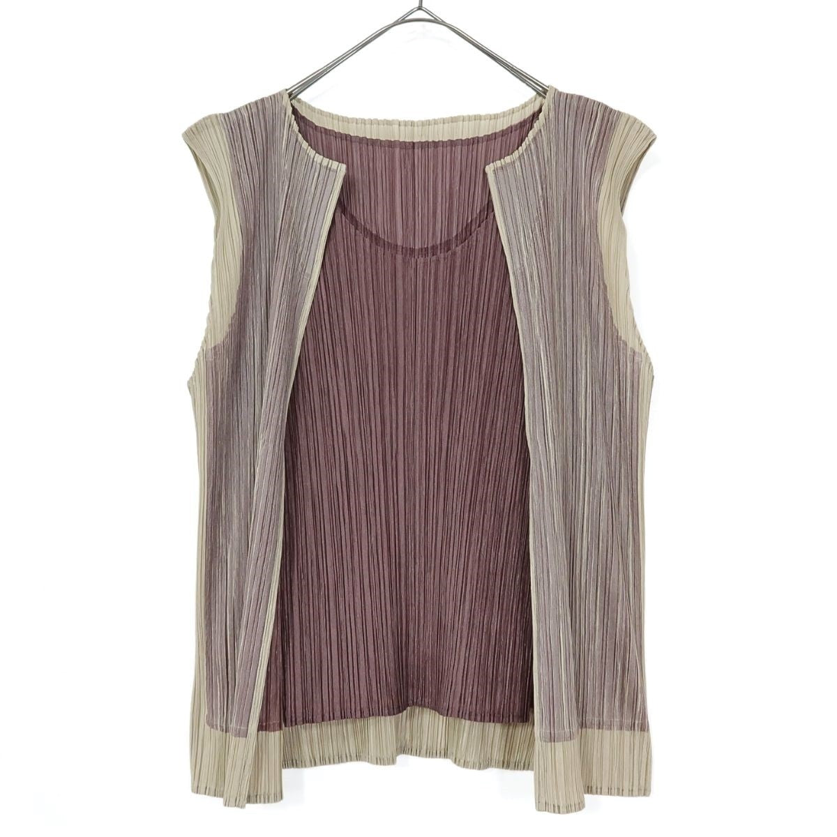 【極美品】プリーツプリーズ PLEATS PLEASE イッセイミヤケ★重ね着風ノースリーブカットソー  極細プリーツ サイズ4 茶系 z20946