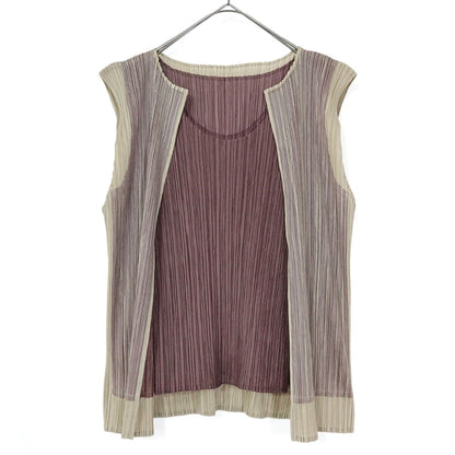 【極美品】プリーツプリーズ PLEATS PLEASE イッセイミヤケ★重ね着風ノースリーブカットソー  極細プリーツ サイズ4 茶系 z20946
