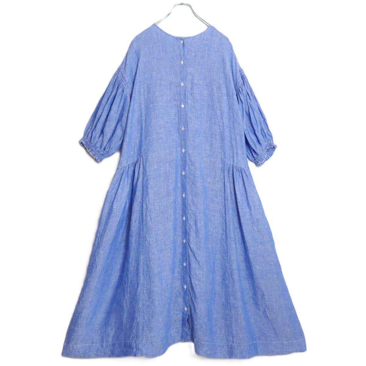 【美品】ネストローブ nest Robe★バルーンスリーブ 麻100 リネンシャツワンピース サイズF ブルー系 薄手 無地 *z19321