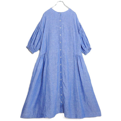 【美品】ネストローブ nest Robe★バルーンスリーブ 麻100 リネンシャツワンピース サイズF ブルー系 薄手 無地 *z19321