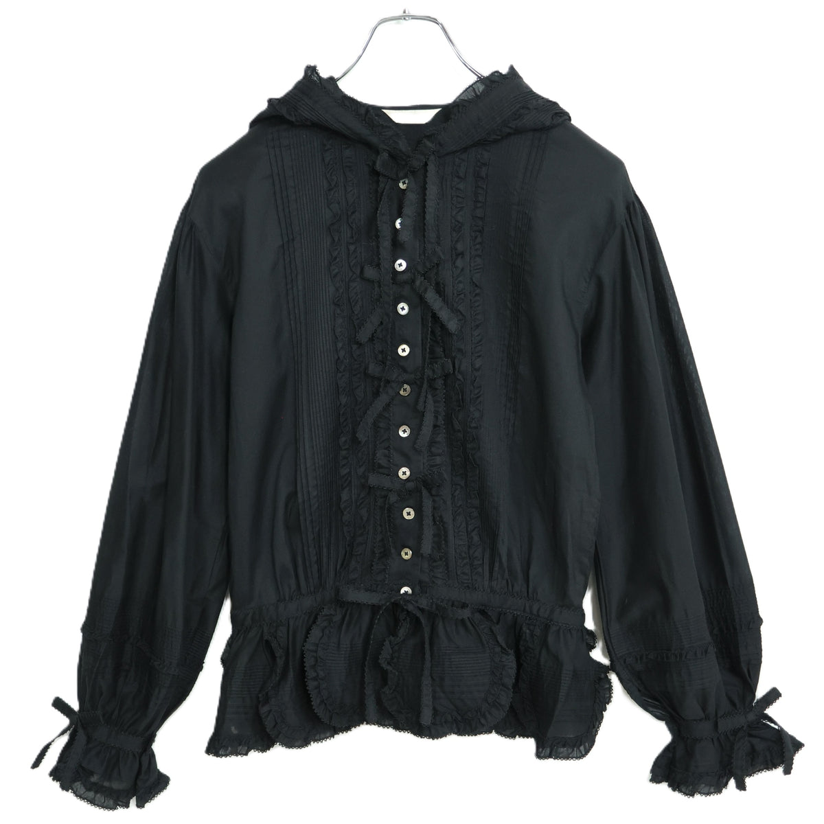 【極美品】ピンクハウス★花びらフリル&リボン♪フード付きローンブラウス 黒系 前開き 無地 z22709
