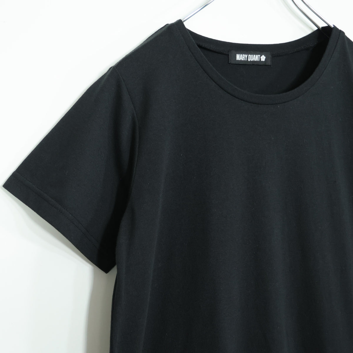 【美品】マリークワント★ロゴマークのパッチワーク♪カットソーワンピース 半袖 サイズM 黒系 薄手 z22728