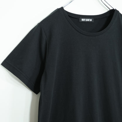 【美品】マリークワント★ロゴマークのパッチワーク♪カットソーワンピース 半袖 サイズM 黒系 薄手 z22728