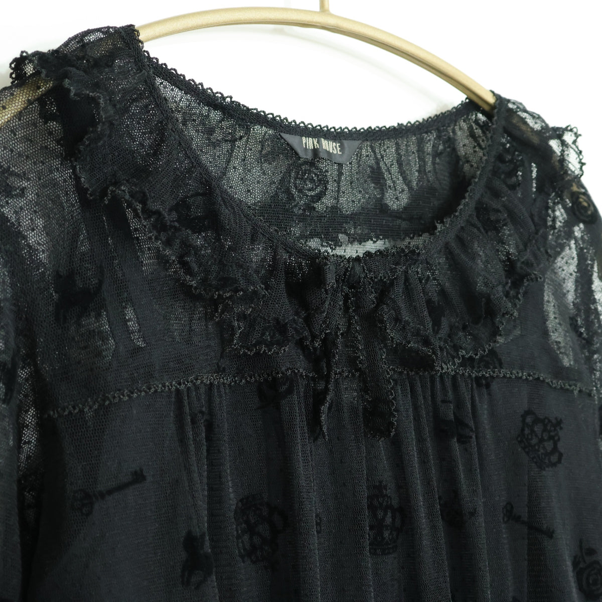 【レア美品】ピンクハウス★王冠&猫♪ドットチュールレースの長袖ブラウス 黒系 キャミ付 z22712