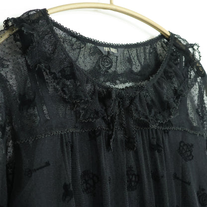 【レア美品】ピンクハウス★王冠&猫♪ドットチュールレースの長袖ブラウス 黒系 キャミ付 z22712