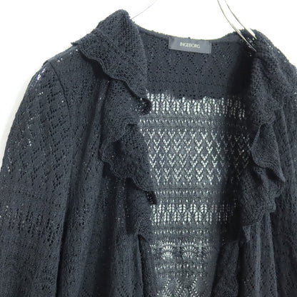【美品】インゲボルグ★上品な透かし編みが素敵♪フリル付き ロング カーディガン サイズ9号 黒系 z20723