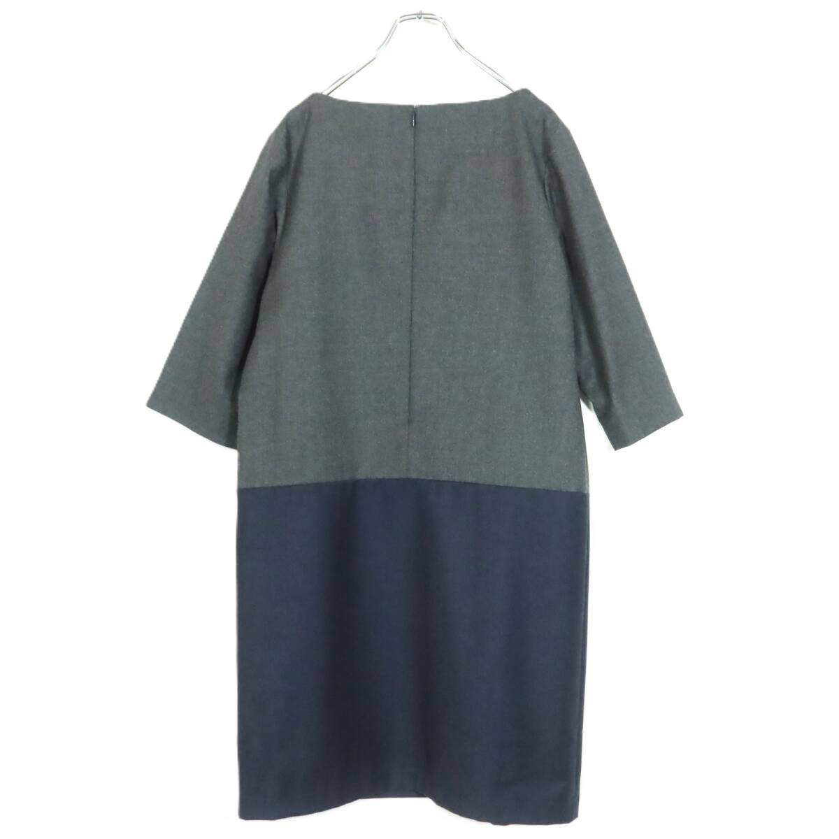 【極美品】自由区★おしゃれなバイカラー♪五分袖ワンピース 大きいサイズ44 グレー系 上質‼ウール100＊z15717