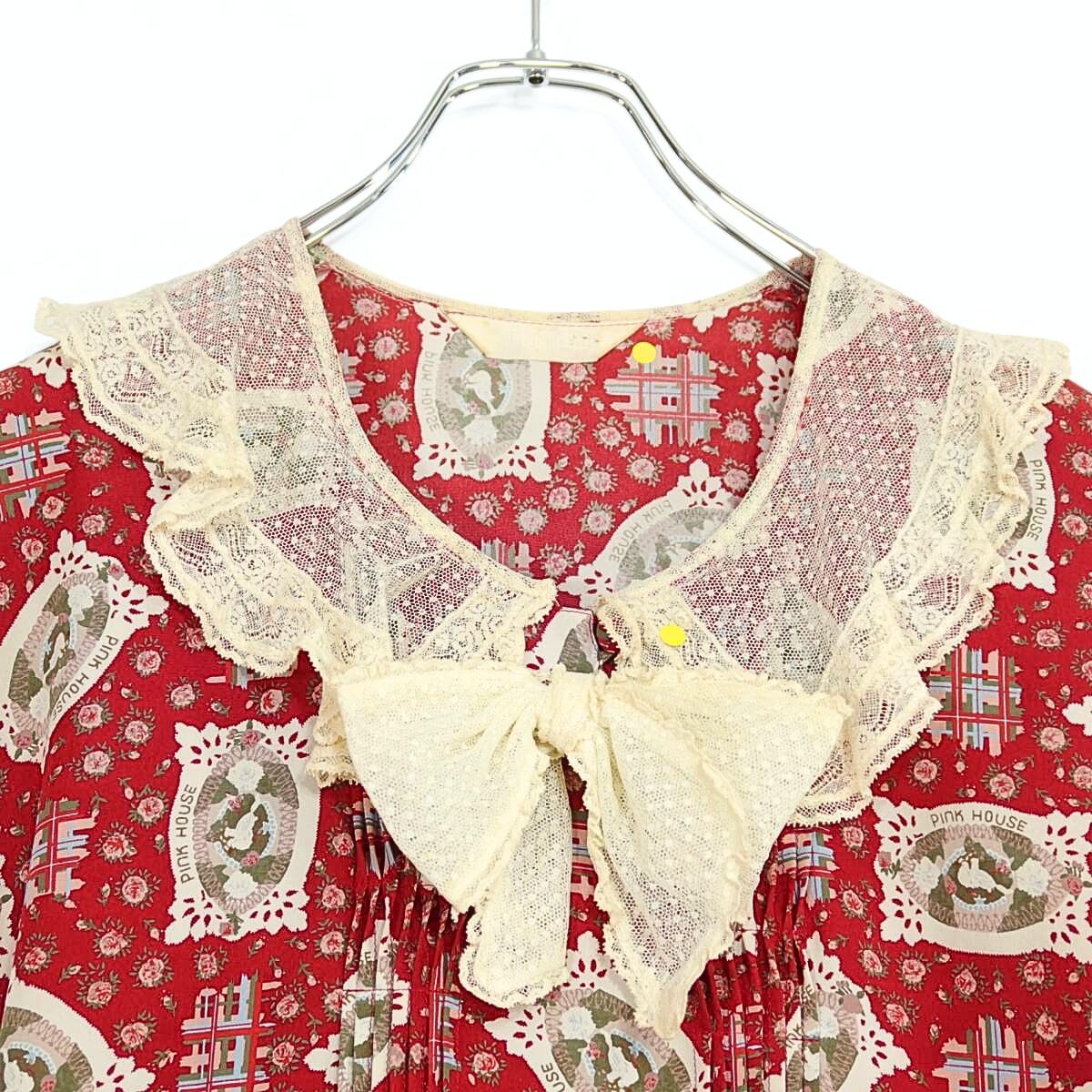 ピンクハウス★レトロ乙女♪ドットチュールレース フレンチ袖ワンピース 鳩&小花pt♪赤系  薄手＊z20117