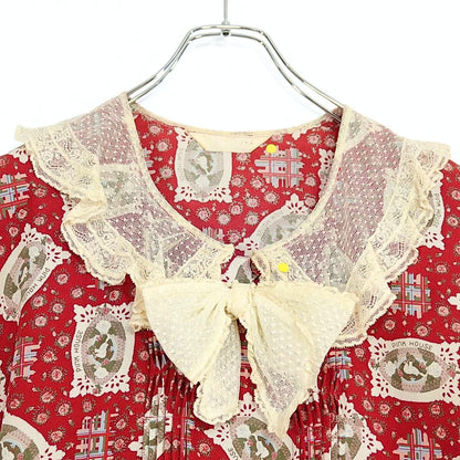 ピンクハウス★レトロ乙女♪ドットチュールレース フレンチ袖ワンピース 鳩&小花pt♪赤系  薄手＊z20117
