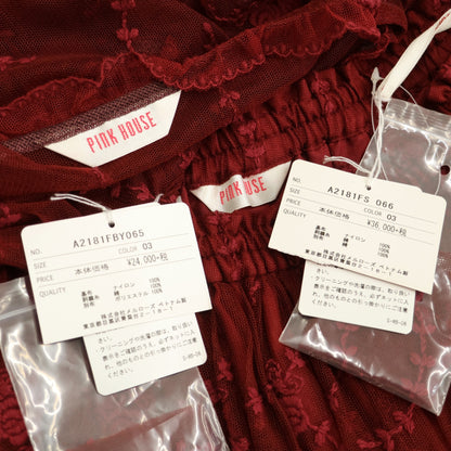 【美品・紙タグ有】ピンクハウス★刺しゅう付チュールレース♪セット ブラウス&スカート 赤系 モチーフ&リボン♪残布有 z23157