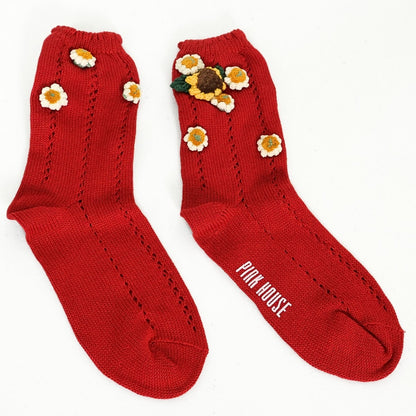 【美品】ピンクハウス★ひまわりモチーフが可愛い！ 透かし編みレースソックス 靴下  向日葵 赤系 so353