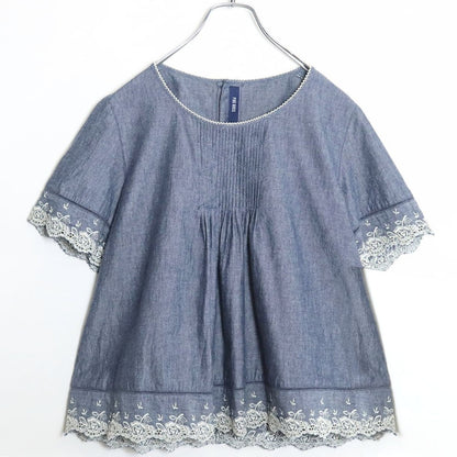 【美品！】ピンクハウス★繊細！薔薇レース 刺しゅう半袖ブラウス 後開き ピコレース ピンタック風 ギャザー ブルー系 ＊z18679