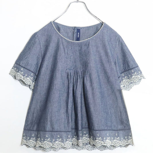 【美品！】ピンクハウス★繊細！薔薇レース 刺しゅう半袖ブラウス 後開き ピコレース ピンタック風 ギャザー ブルー系 ＊z18679