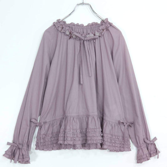 ピンクハウス★お花のモチーフ♪ローンブラウス ラベンダー系 ふんわりフォルム♪パール&サテンのミニリボン♪無地 z20281