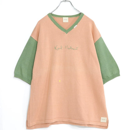 カールヘルム ピンクハウス★配色デザイン♪半袖ニット サーモンピンク×緑 無地 z