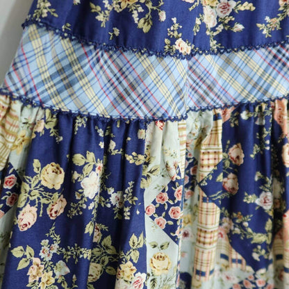 【美品】ピンクハウス★オリチェptパッチワーク♪花柄ワンピース ネイビー系 前開き 薄手 z20994