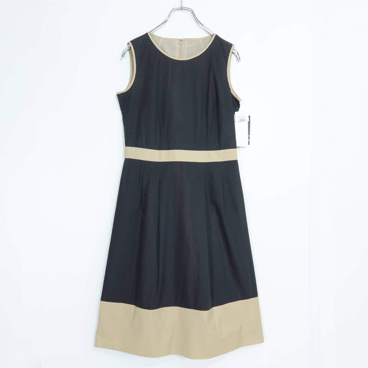 【美品・紙タグ】レリアン★配色デザイン♪ノースリーブワンピース サイズ7号 黒系 パンチングレース♪薄手 z20417