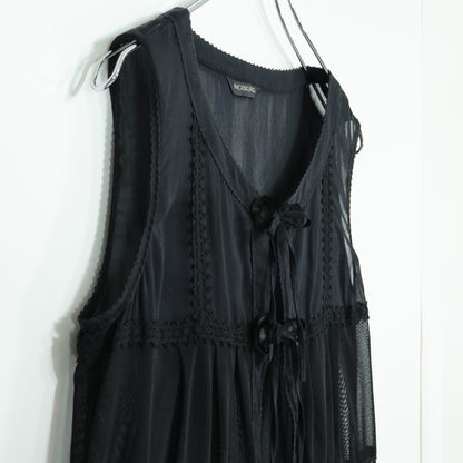 【美品】インゲボルグ★総チュールレース♪フリルたっぷりベスト はおりもの 黒系 前開き レース&お花モチーフ♪z22073