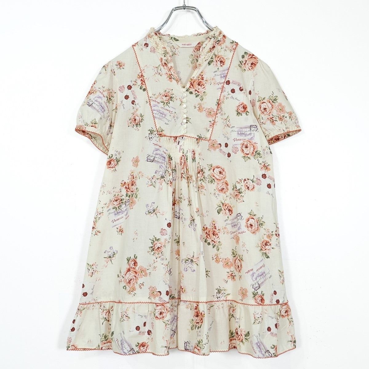 【美品】ピンクハウス★薔薇&エアメールpt♪半袖ミニワンピース エクリュ系 フリル&ピコレース♪薄手 z22548