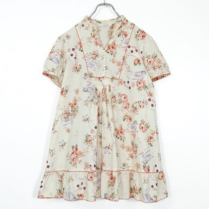 【美品】ピンクハウス★薔薇&エアメールpt♪半袖ミニワンピース エクリュ系 フリル&ピコレース♪薄手 z22548