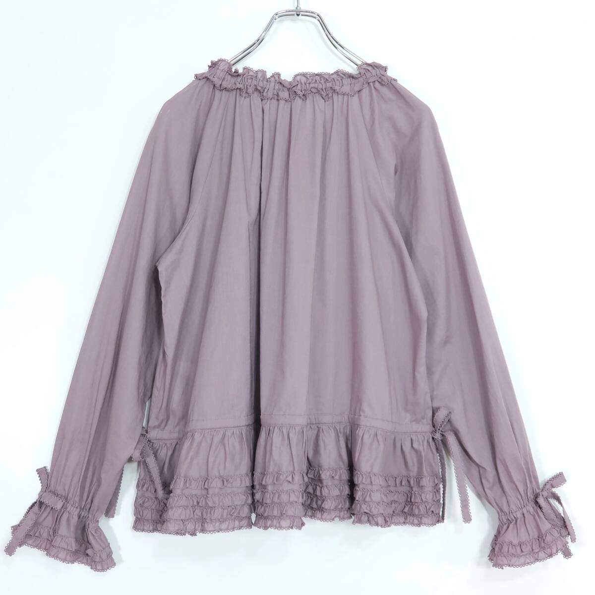 ピンクハウス★お花のモチーフ♪ローンブラウス ラベンダー系 ふんわりフォルム♪パール&サテンのミニリボン♪無地 z20281