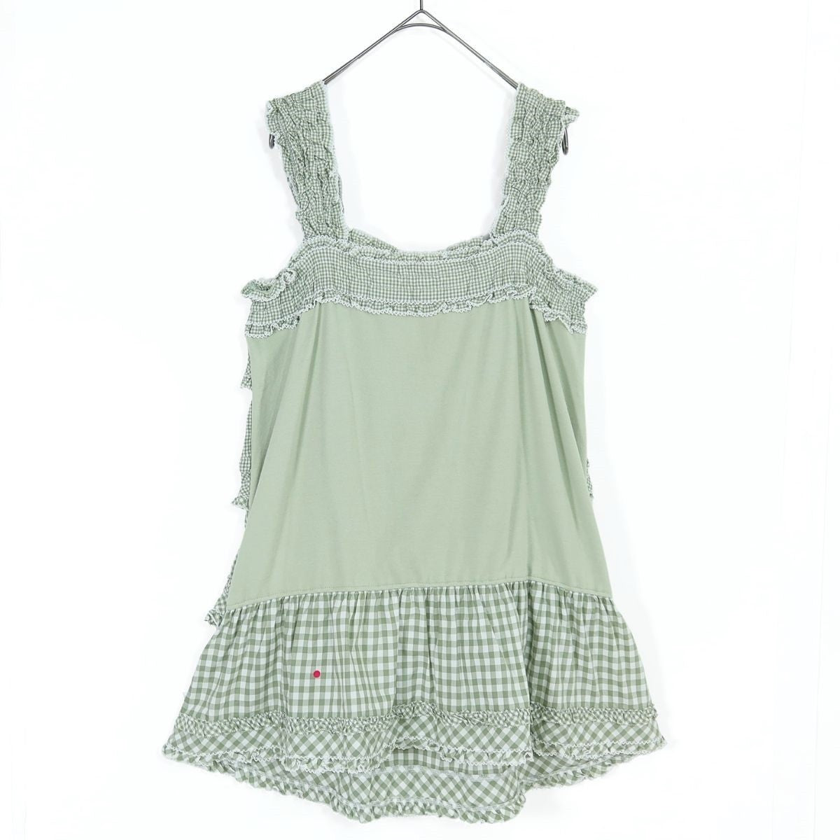ピンクハウス★たっぷりピコフリルとピコレースが可愛い♪ ミックスギンガム段々フリルチュニック・ミニワンピース 薄荷系 z19533