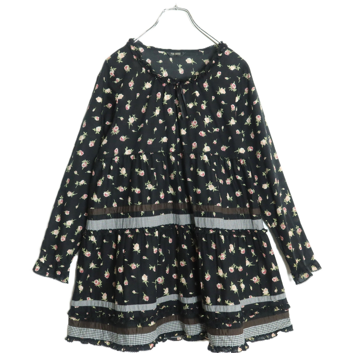 【美品】ピンクハウス★ギンガムパッチワーク♪ローンチュニックブラウス 黒系 薔薇pt♪薄手 z18327