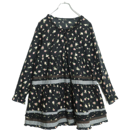 【美品】ピンクハウス★ギンガムパッチワーク♪ローンチュニックブラウス 黒系 薔薇pt♪薄手 z18327