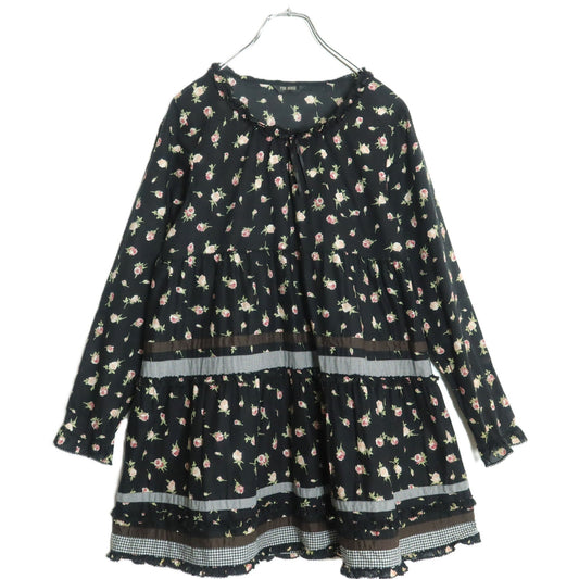 【美品】ピンクハウス★ギンガムパッチワーク♪ローンチュニックブラウス 黒系 薔薇pt♪薄手 z18327