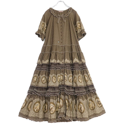 【レア美品】ピンクハウス★アンティーク調♪かぶせ段々ワンピース 茶系 王冠&黒猫&バイオリンpt♪薄手 z19739