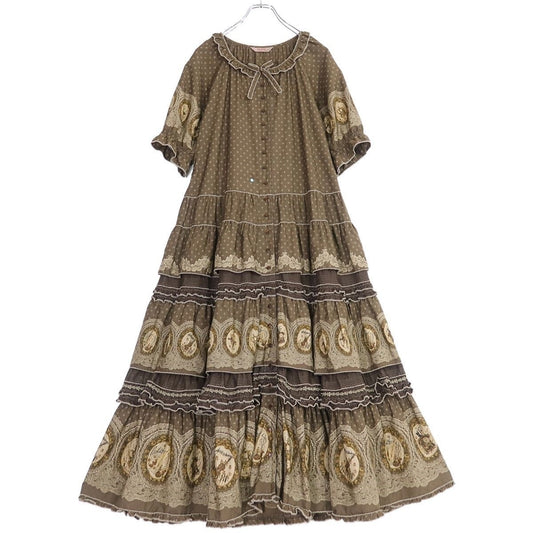 【レア美品】ピンクハウス★アンティーク調♪かぶせ段々ワンピース 茶系 王冠&黒猫&バイオリンpt♪薄手 z19739