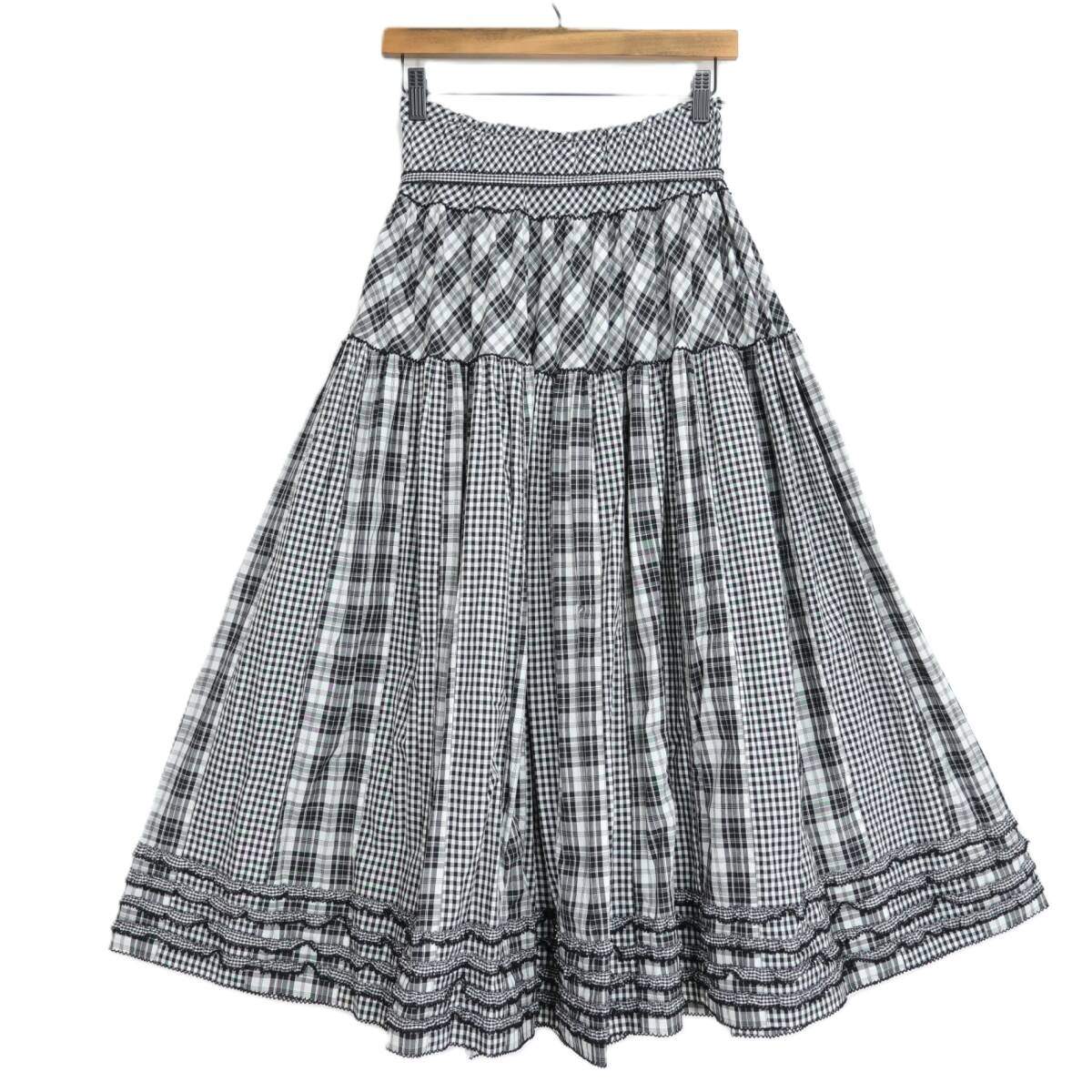 【レア】ワンダフルワールド カネコイサオ★ ウエストリボンのポンポン飾りが大人可愛い♪ ギンガムパッチワーク♪ローンギャザースカート 黒×白系 段々フリル♪z21366
