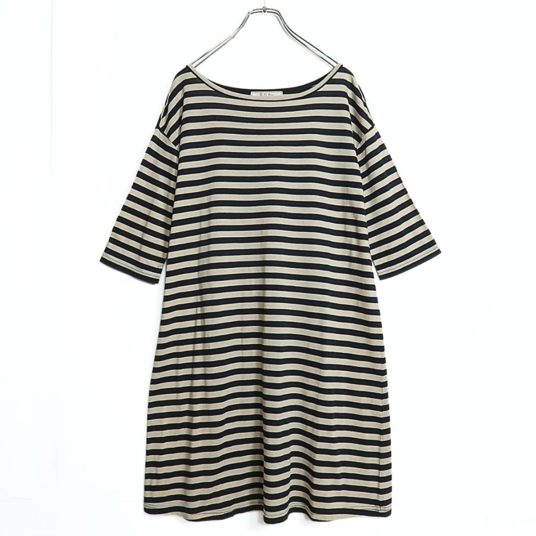 【美品】PHブルー ピンクハウス★大人可愛いボーダー カットソー生地七分袖　ワンピース　ベージュ・黒　*z15476