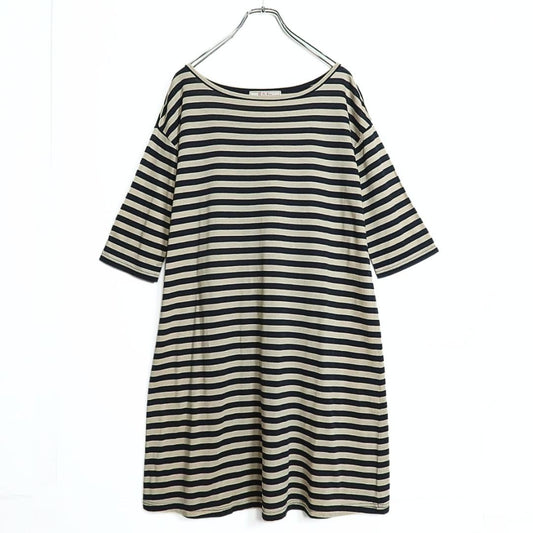【美品】PHブルー ピンクハウス★大人可愛いボーダー カットソー生地七分袖　ワンピース　ベージュ・黒　*z15476