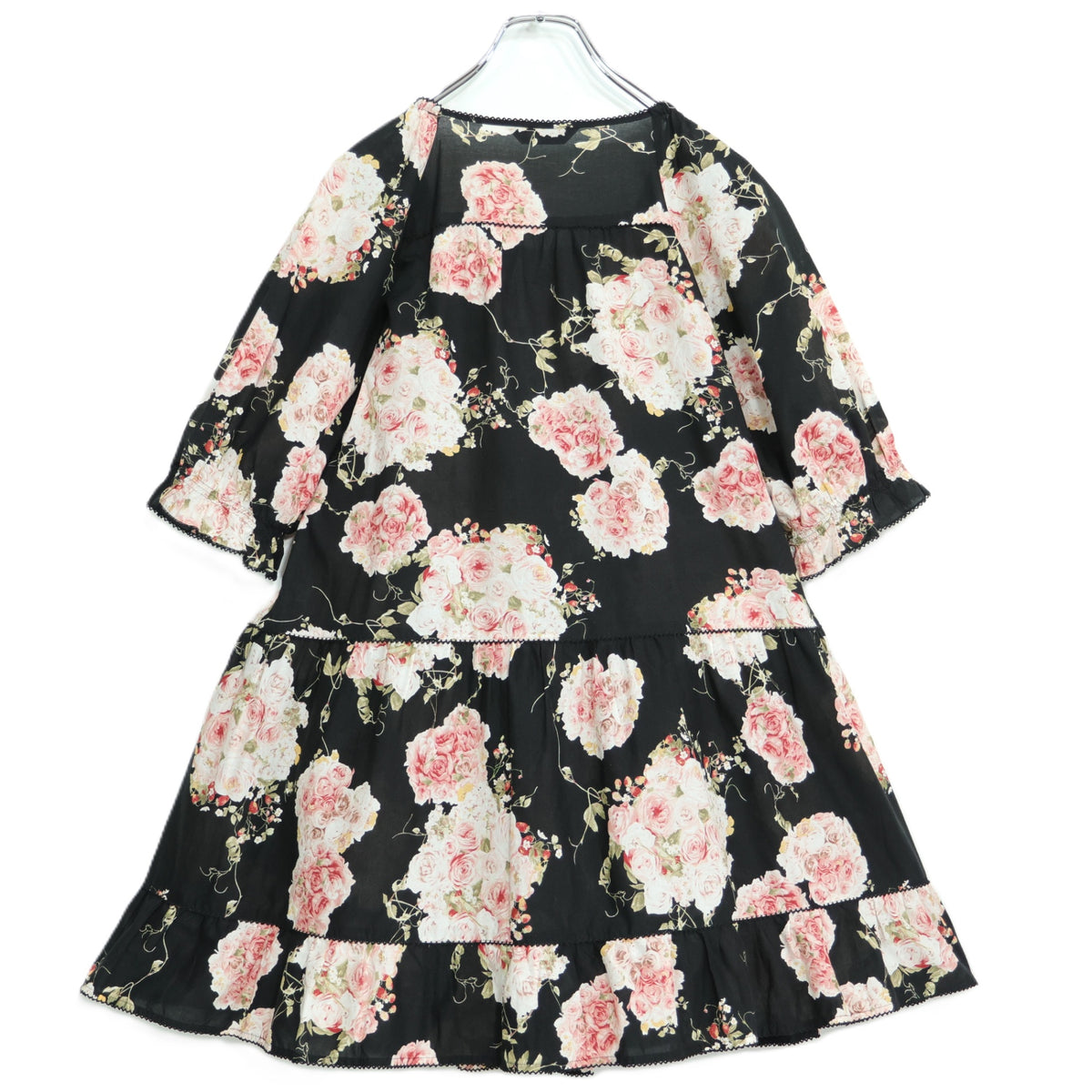 【美品】ピンクハウス★イチゴ&薔薇pt♪半袖ローンワンピース ミニ丈 黒系 前開き サテンリボン♪薄手 z22032