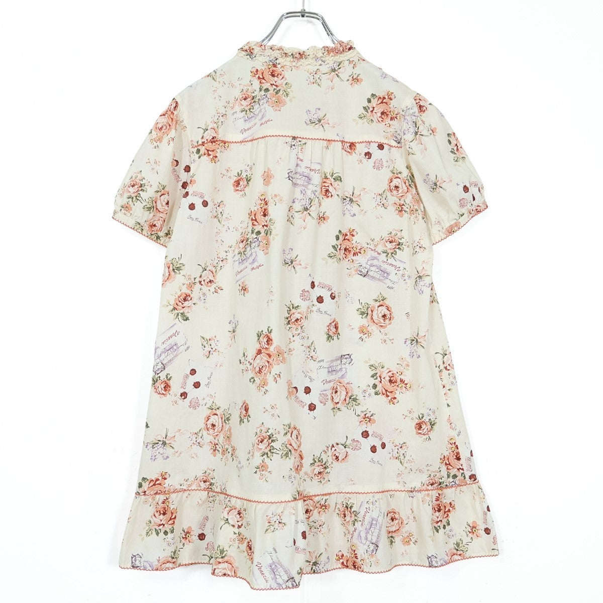 【美品】ピンクハウス★薔薇&エアメールpt♪半袖ミニワンピース エクリュ系 フリル&ピコレース♪薄手 z22548
