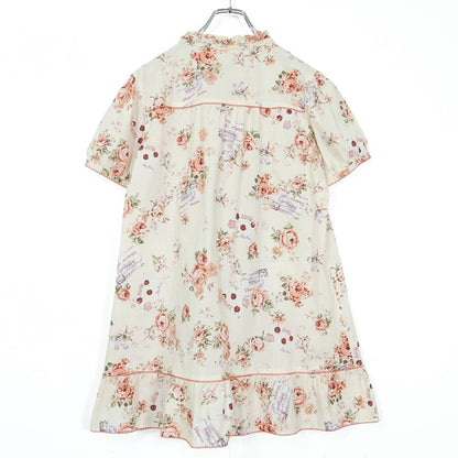 【美品】ピンクハウス★薔薇&エアメールpt♪半袖ミニワンピース エクリュ系 フリル&ピコレース♪薄手 z22548