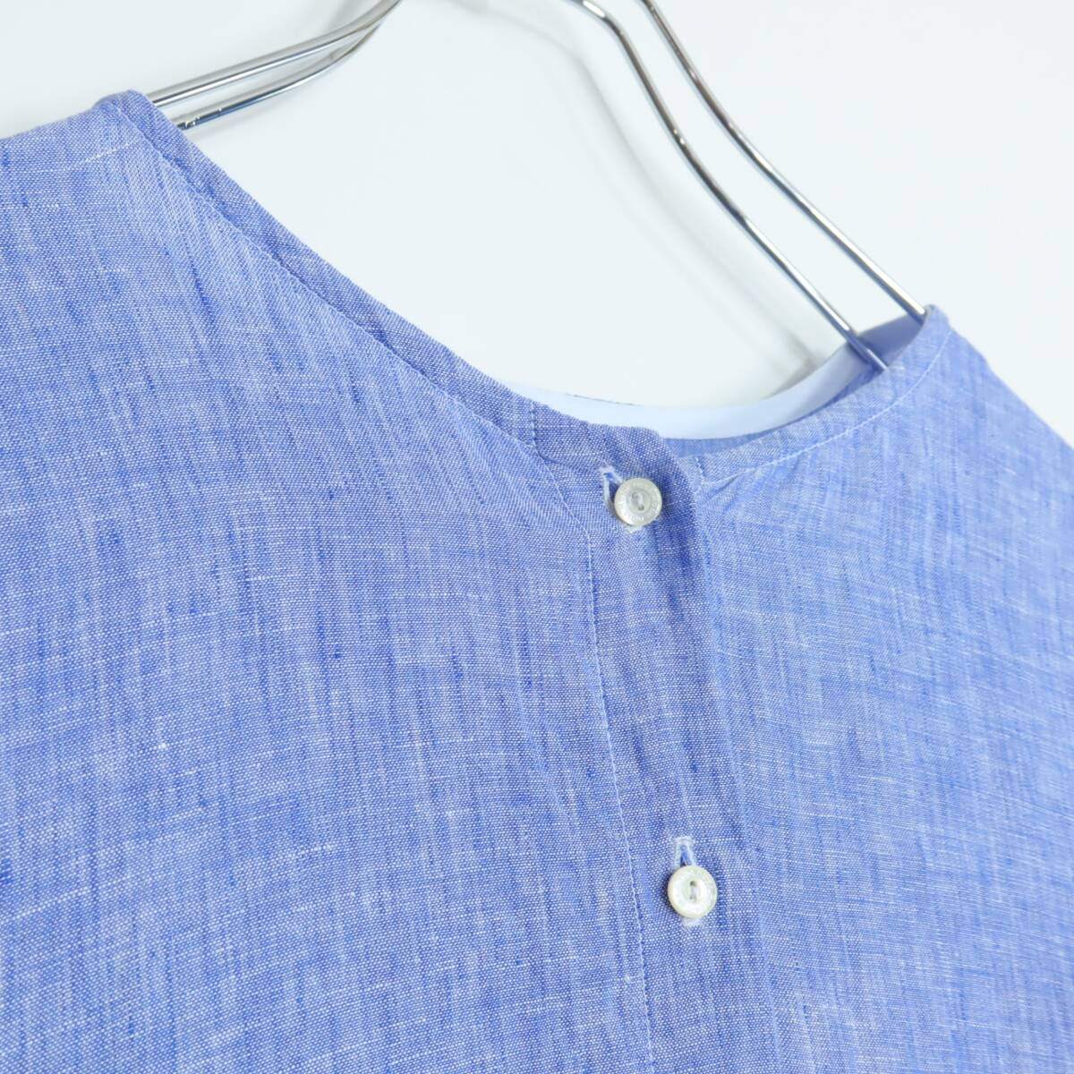 【美品】ネストローブ nest Robe★バルーンスリーブ 麻100 リネンシャツワンピース サイズF ブルー系 薄手 無地 *z19321