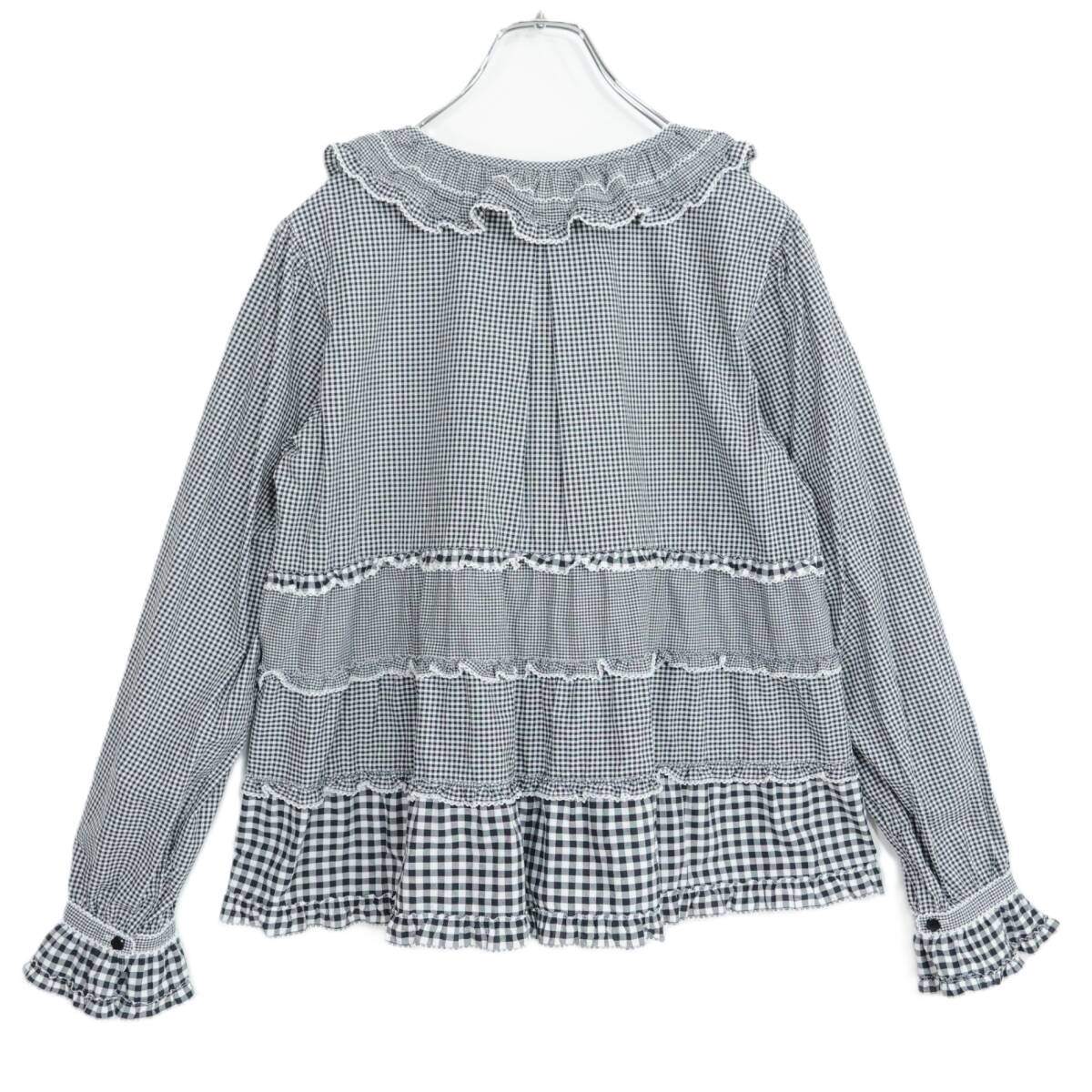 【美品】ピンクハウス★フリルたっぷり♪ギンガムチェック パッチワーク風デザイン 前開き 襟付き ローンブラウス♪黒系 2023年製 z21344