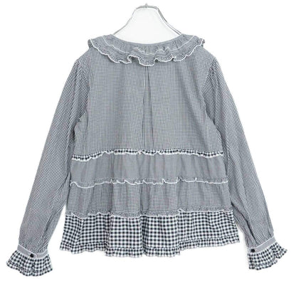 【美品】ピンクハウス★フリルたっぷり♪ギンガムチェック パッチワーク風デザイン 前開き 襟付き ローンブラウス♪黒系 2023年製 z21344