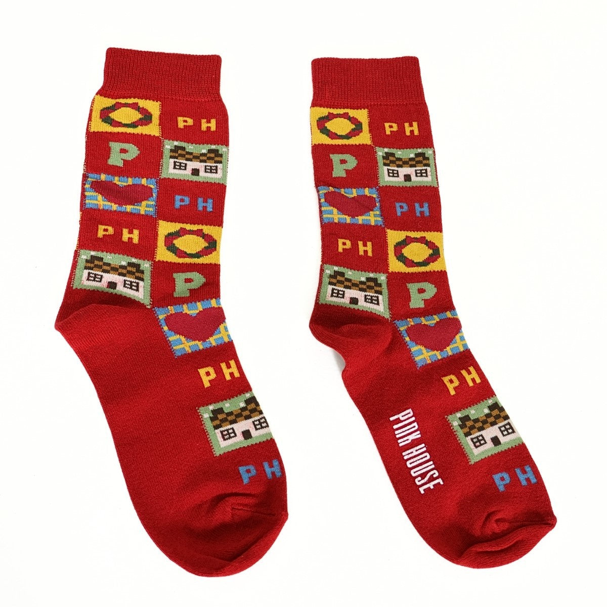 【美品】ピンクハウス★パッチワーク風総柄 クルーソックス 靴下  お家 ハート リース 赤系 so384