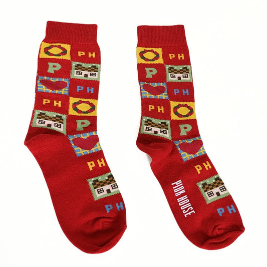 【美品】ピンクハウス★パッチワーク風総柄 クルーソックス 靴下  お家 ハート リース 赤系 so384