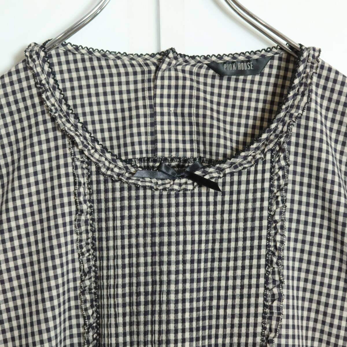 【極美品】ピンクハウス★ふんわりフォルム♪ギンガムチェックブラウス 紺系 サテンリボン♪＊z15830